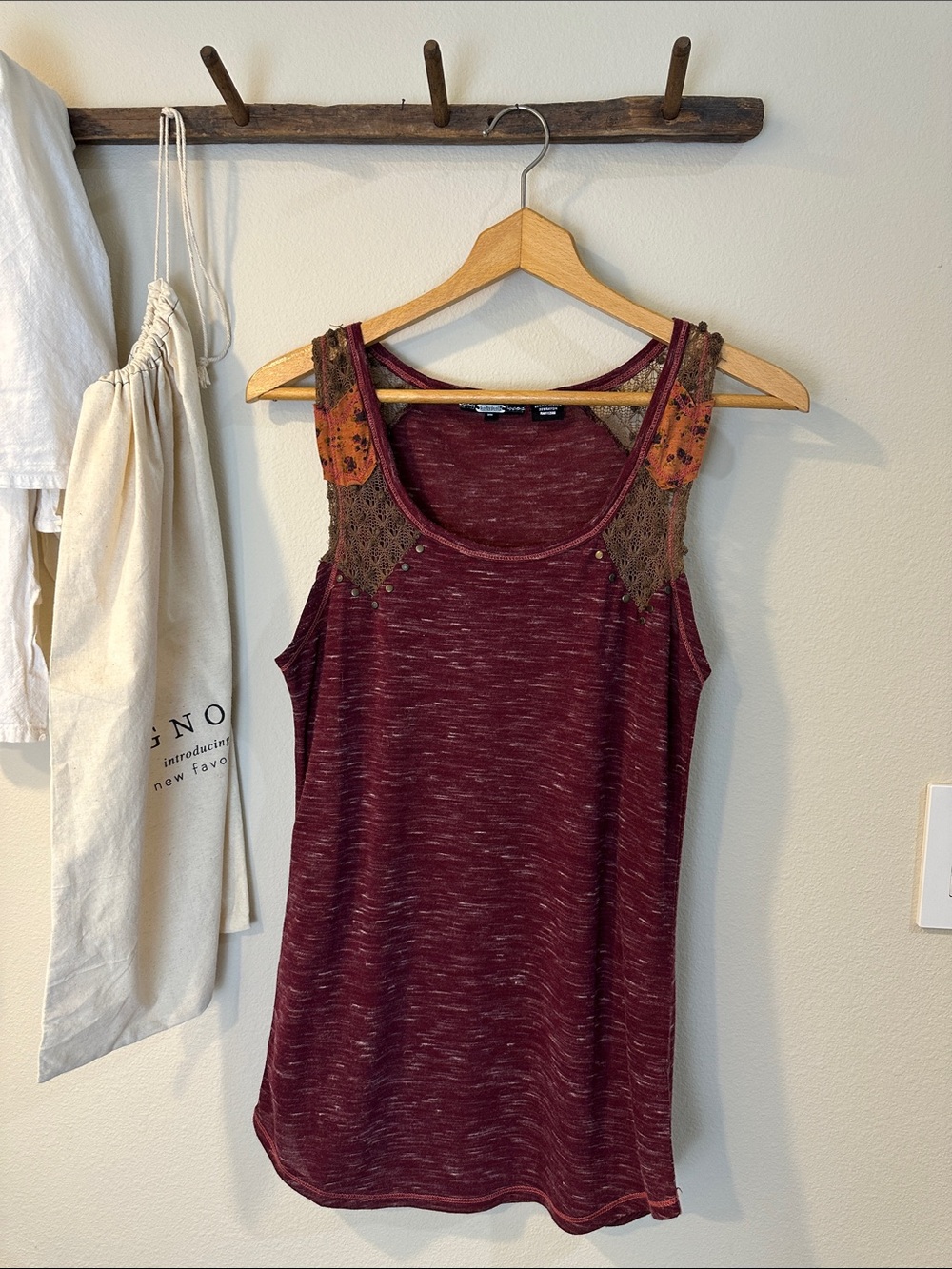 Miss Me Burgundy Tank with Crochet Shoulders size M Heathered